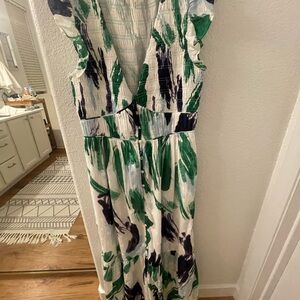 Anthropologie Cream Maxi Dress with Green & Navy Print